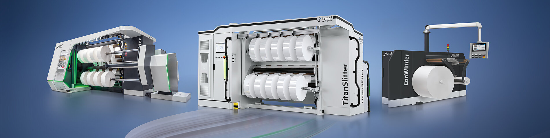 Modern roll slitting machines ConSlitter, TitanSlitter, and ConWinder from Kampf for slitting and rewinding flexible film rolls